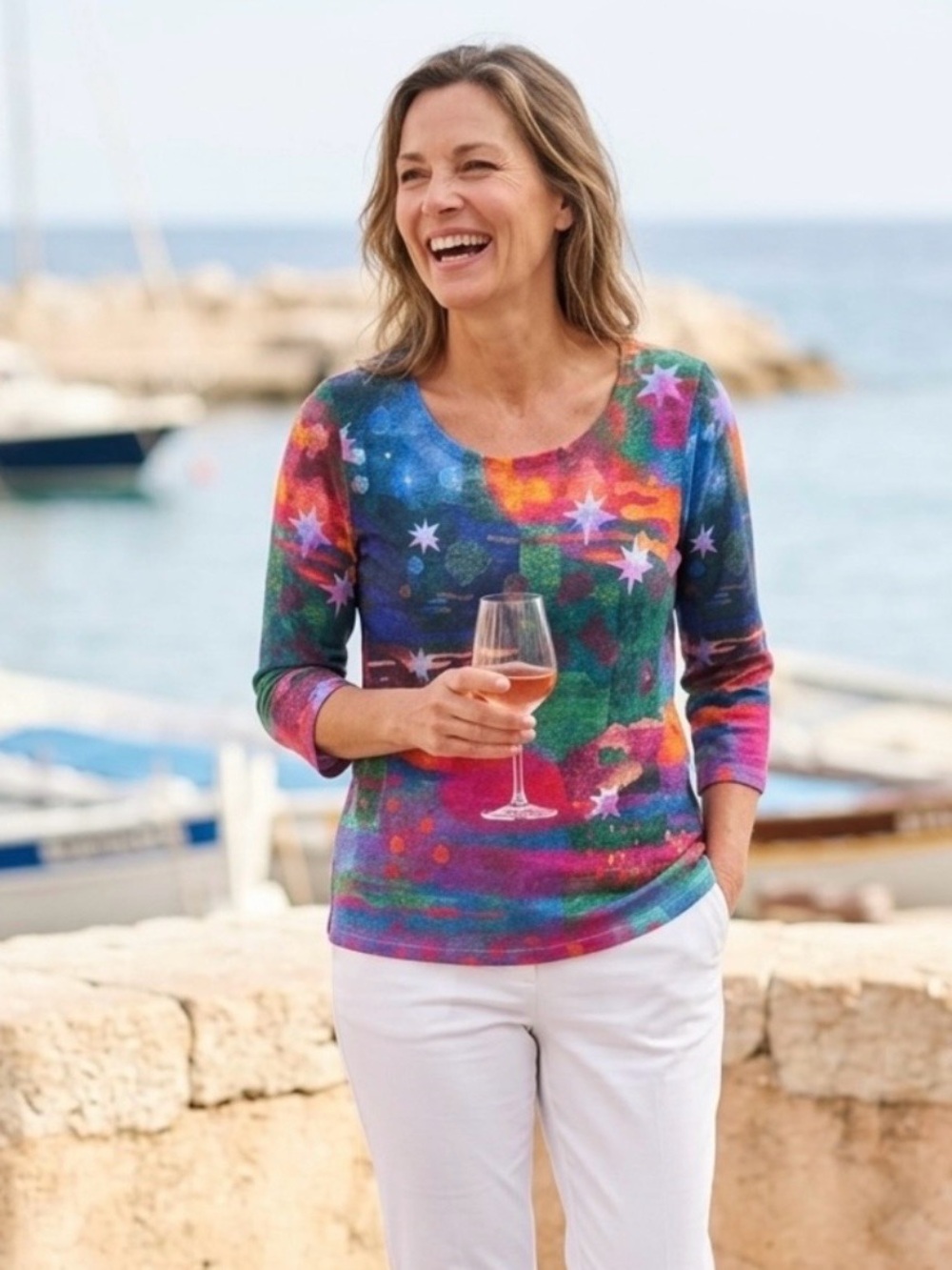 FDJ NWT 3/4 sleeve scoop neck 
mixed color jersey 100 % poly 
retail $79.00
